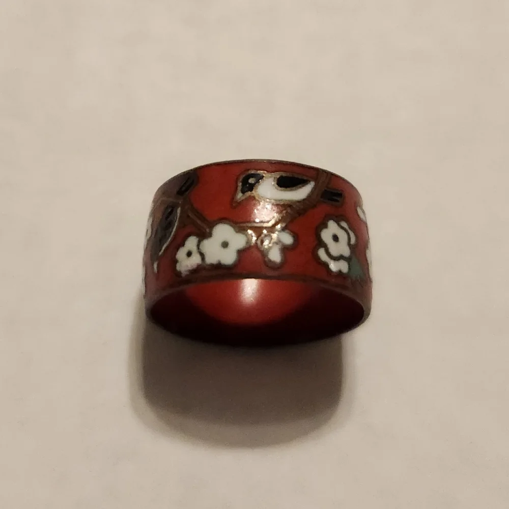 Cloisonne Enamel Ring, Red White Floral Cherry Blossom Bird, Sz 7, Japanese VTG